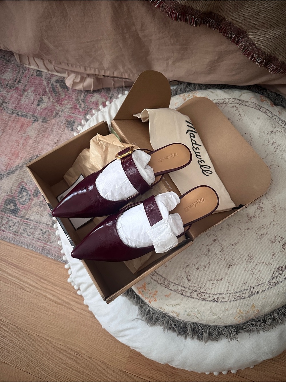 Madewell Burgundy Patent Pointed Mary Jane Mules with Gold Buckle - Picture 7 of 9